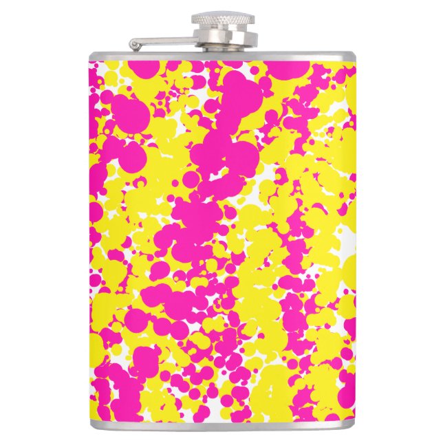 Pink and yellow spatter pattern hip flask (Front)