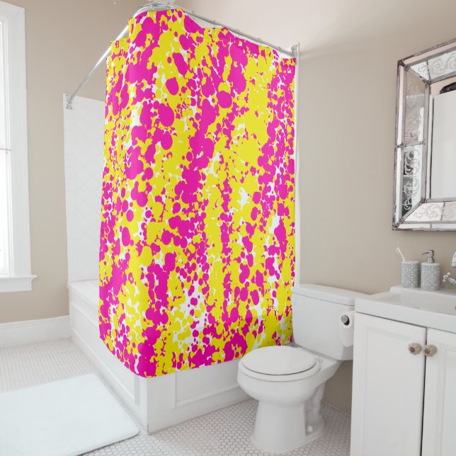 Pink and yellow spatter pattern shower curtain (In Situ)