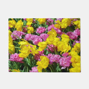 Pink and yellow spring tulips doormat