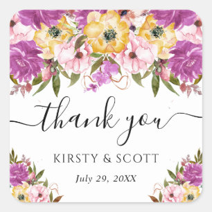 Pink and Yellow Summer Flower Wedding Square Sticker