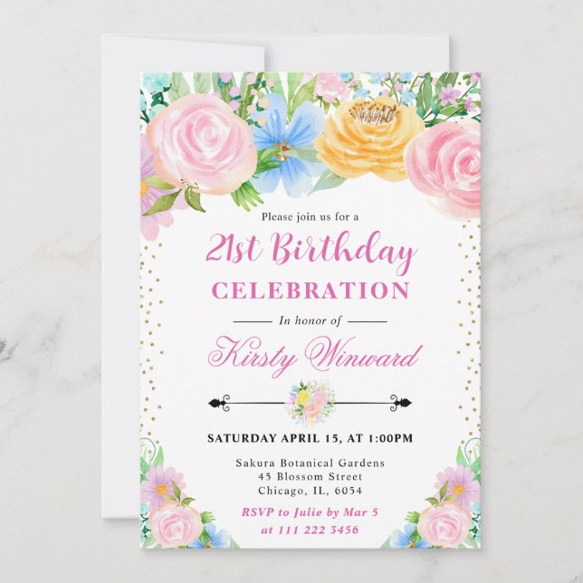 Pink and Yellow Summer Flowers Birthday Invitation (Front)