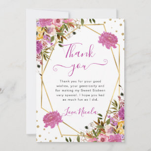 Pink and Yellow Summer Flowers Frame Sweet 16 Thank You Card