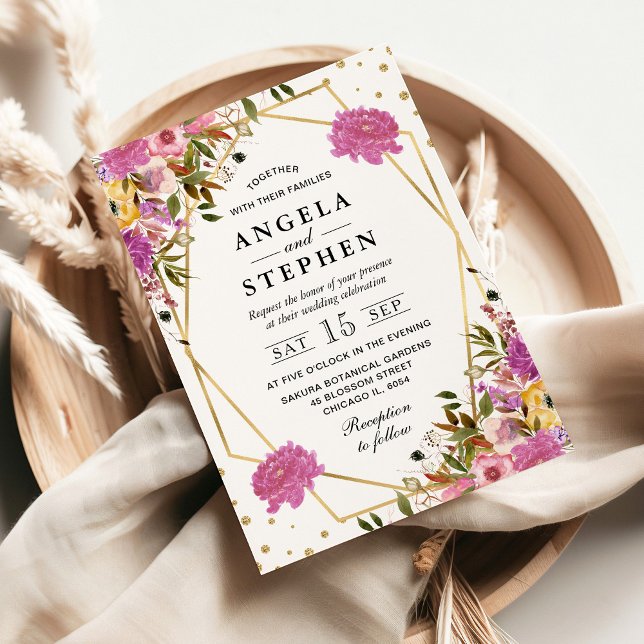 Pink and Yellow Summer Flowers Gold Frame Wedding Invitation (Creator Uploaded)