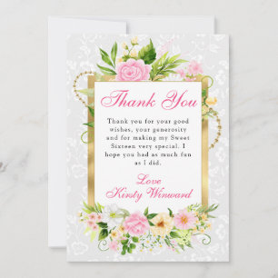 Pink and Yellow Summer Flowers Gold Sweet 16 Thank You Card