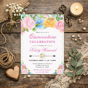 Pink and Yellow Summer Flowers Quinceanera Invitation