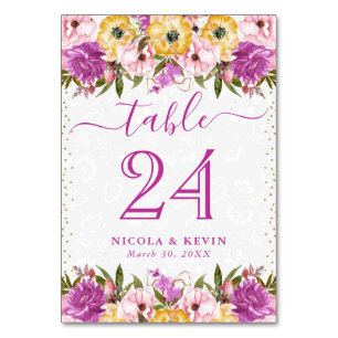 Pink and Yellow Summer Flowers Wedding Table Number