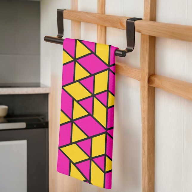Pink and Yellow Triangles Pattern Tea Towel (Kitchen Towel)