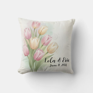 Pink and Yellow Tulip Flower Bouquet Anniversary Cushion