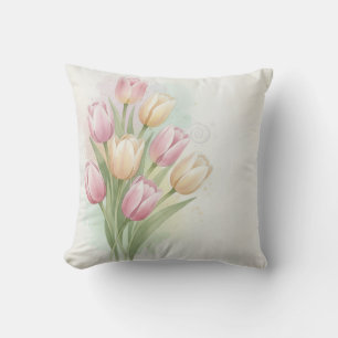 Pink and Yellow Tulip Flower Bouquet Cushion