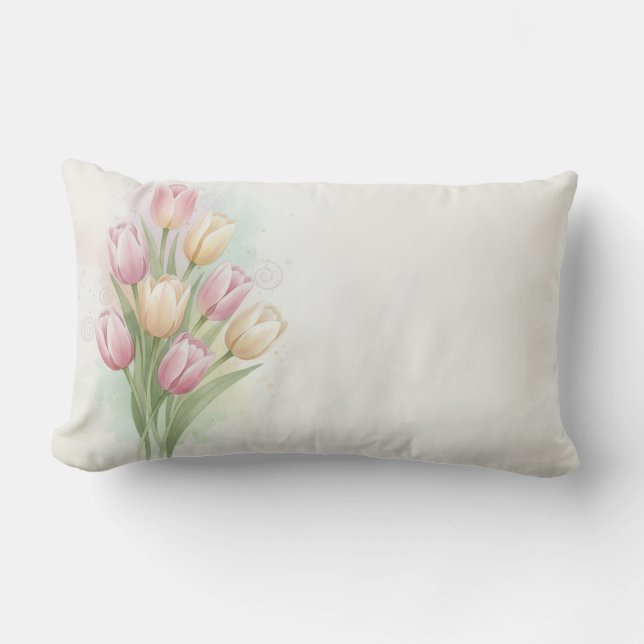 Pink and Yellow Tulip Flower Bouquet Lumbar Cushion (Front)