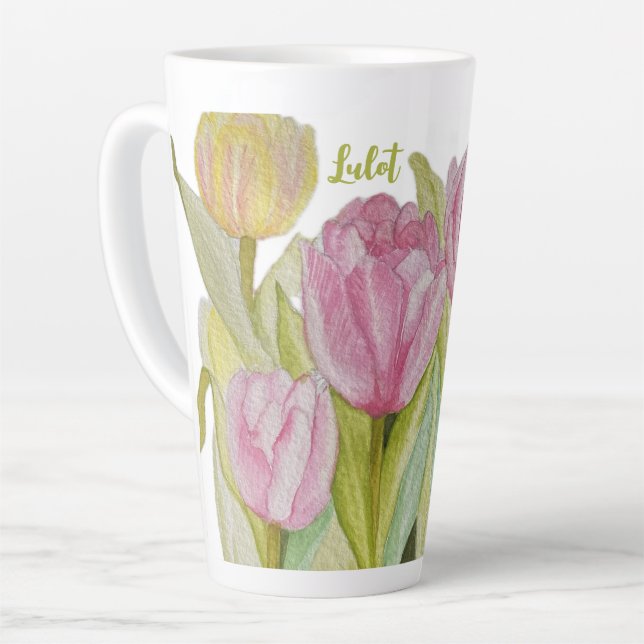 Pink and Yellow Tulip Latte Mug (Left Angle)