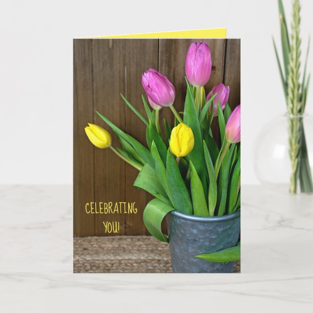 pink and yellow tulips in bucket birthday card (Front)