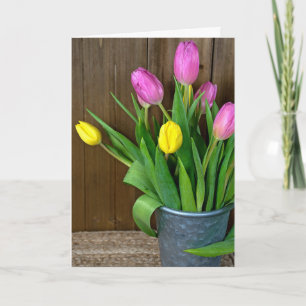 pink and yellow tulips in bucket card