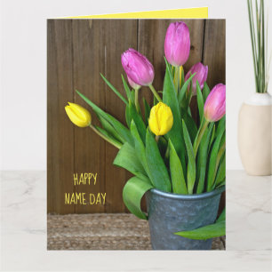 pink and yellow tulips in bucket Name Day Card