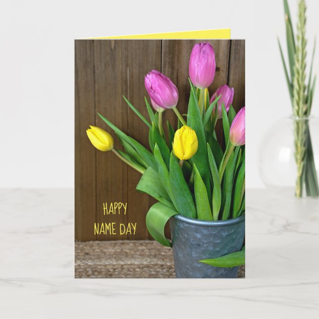 pink and yellow tulips in bucket Name Day Card (Front)