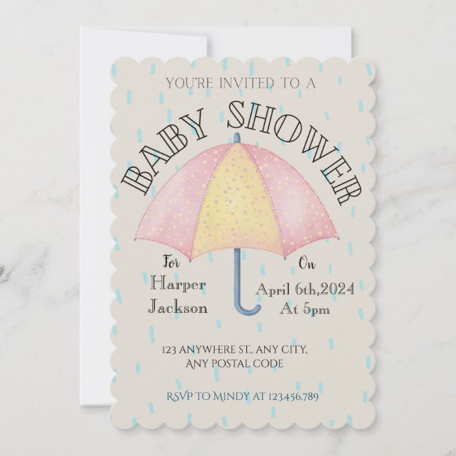 Pink and yellow umbrella with rain drops invitation (Front)