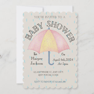 Pink and yellow umbrella with rain drops invitation