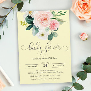 Pink and Yellow Watercolor Floral Baby Shower Invitation