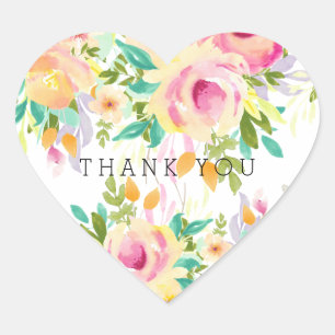 Pink and Yellow Watercolor Floral heart Thank You Sticker