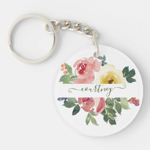 Pink and yellow watercolor floral personalised     key ring