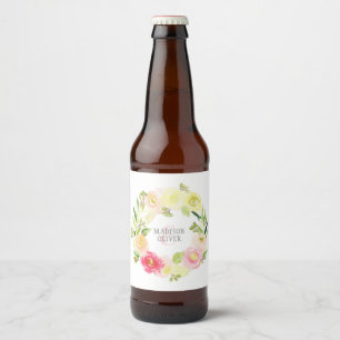 Pink and Yellow Watercolor Floral Wreath   Wedding Beer Bottle Label