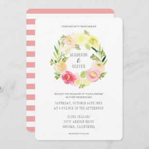 Pink and Yellow Watercolor Floral Wreath   Wedding Invitation