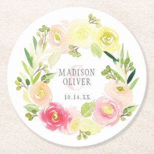 Pink and Yellow Watercolor Floral Wreath Wedding Round Paper Coaster