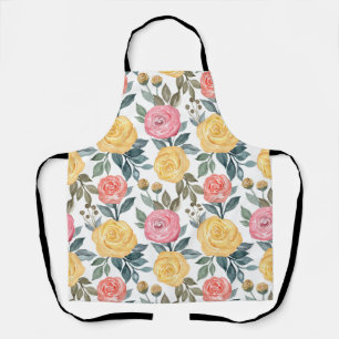 Pink and yellow watercolor rose apron