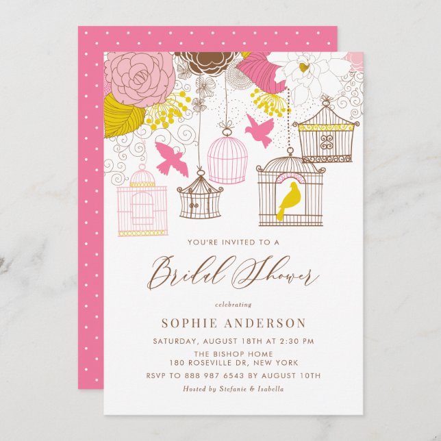 Pink and Yellow Whimsical Birdcages Bridal Shower Invitation (Front/Back)