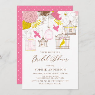 Pink and Yellow Whimsical Birdcages Bridal Shower Invitation