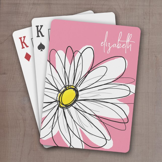 Pink and Yellow Whimsical Daisy Custom Text Playing Cards (Whimsical Daisy Drawing with a place to add your name - personalized playing cards)
