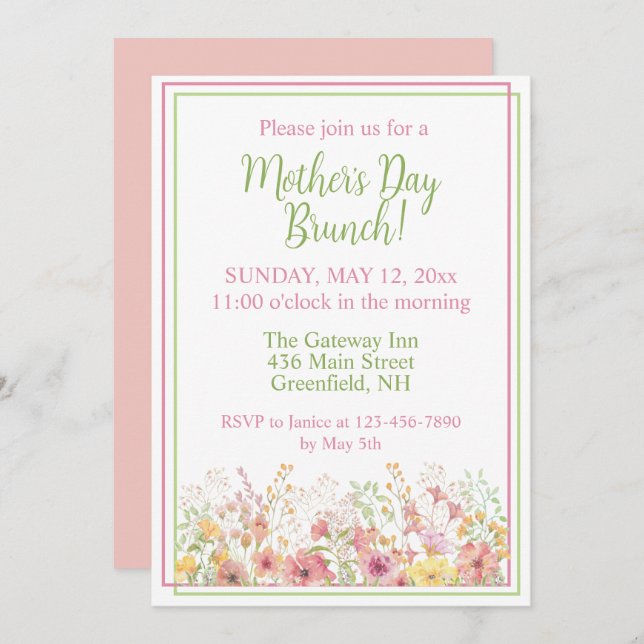 Pink and Yellow Wildflowers Mothers Day Brunch Invitation (Front/Back)