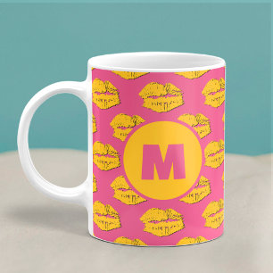 Pink and Yellow XOXO Kissing Lips Personalized Coffee Mug