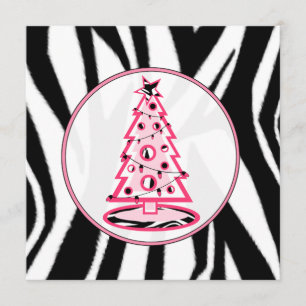 Pink And Zebra Print Christmas Tree Invitation