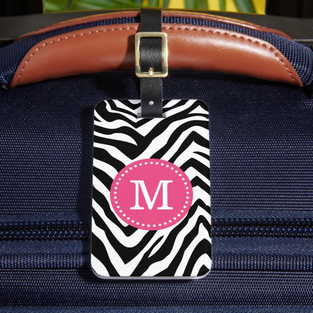 Pink and Zebra Print Custom Monogram Luggage Tag (Front Insitu 2)