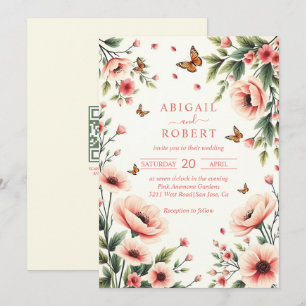 Pink anemone, butterflies floral border wedding invitation