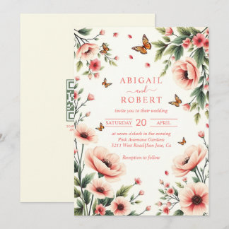 Pink anemone, butterflies floral border wedding invitation
