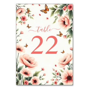Pink anemone, butterflies floral border wedding table number