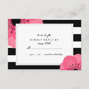 Pink Anemone Floral Black + White Stripe RSVP Card