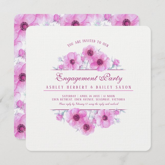 Pink anemone floral watercolor engagement invitation (Front/Back)
