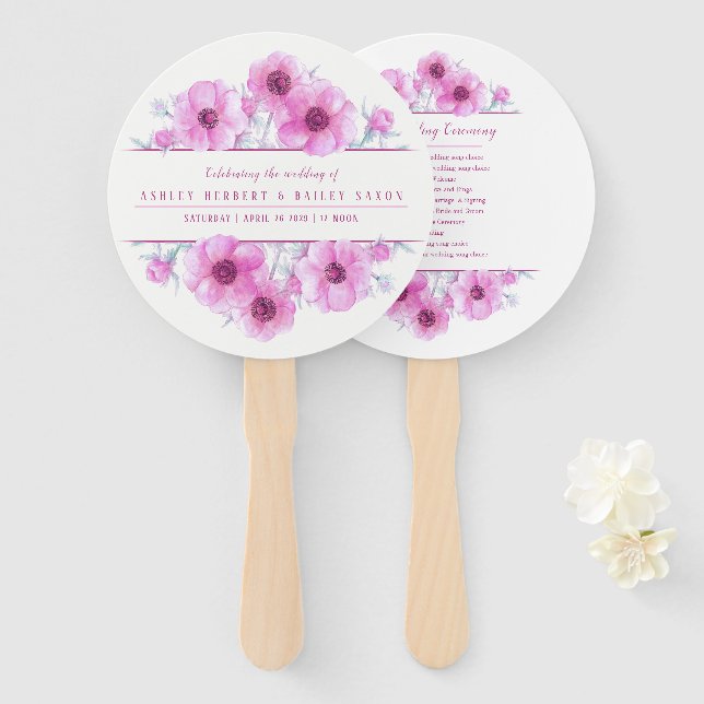 Pink anemone flower art ceremony wedding fans (Front and Back)