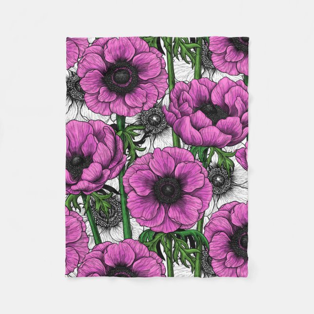 Pink anemone garden fleece blanket (Front)