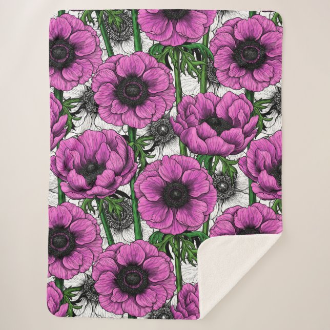 Pink anemone garden sherpa blanket (Front)