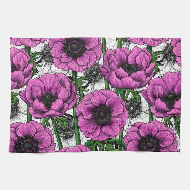 Pink anemone garden tea towel (Horizontal)