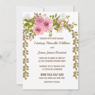 Pink  Anemone Golden Leaves Wedding Invitation
