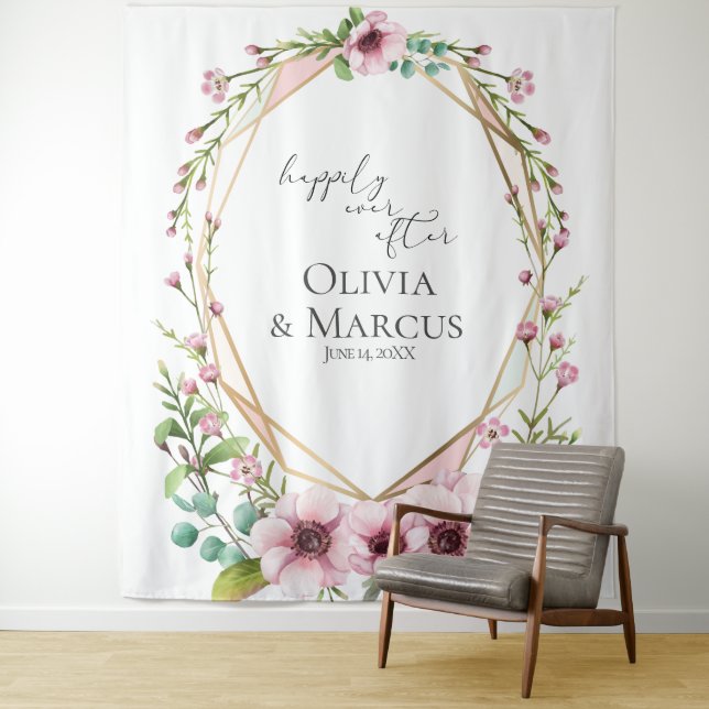 Pink Anemone Terrarium Wedding Photo Backdrop Tapestry (In Situ)