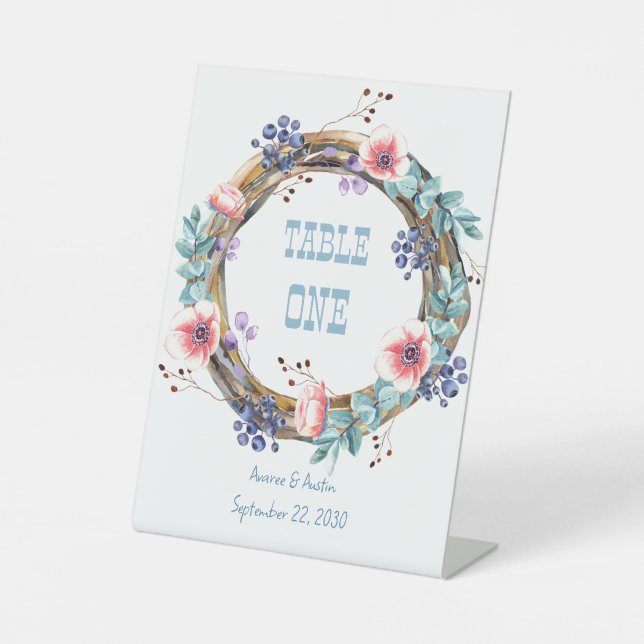 Pink Anemones and Blueberries Tabletop  Pedestal Sign (Front)