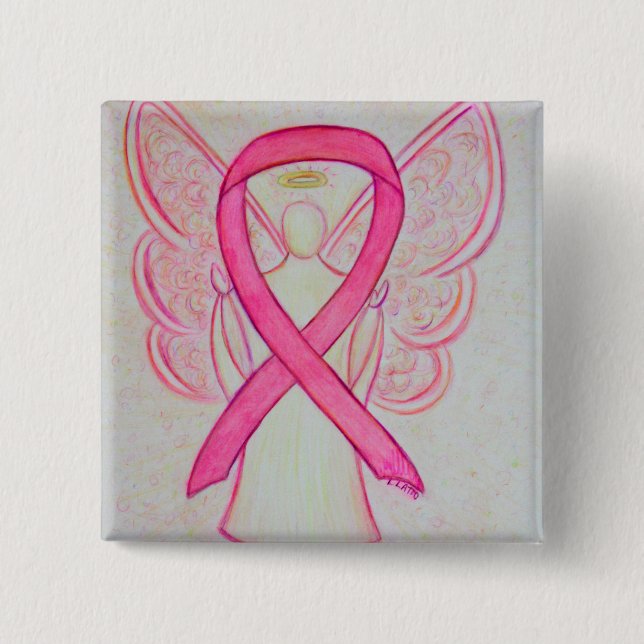 Pink Angel Awareness Ribbon Custom Art Pins (Front)