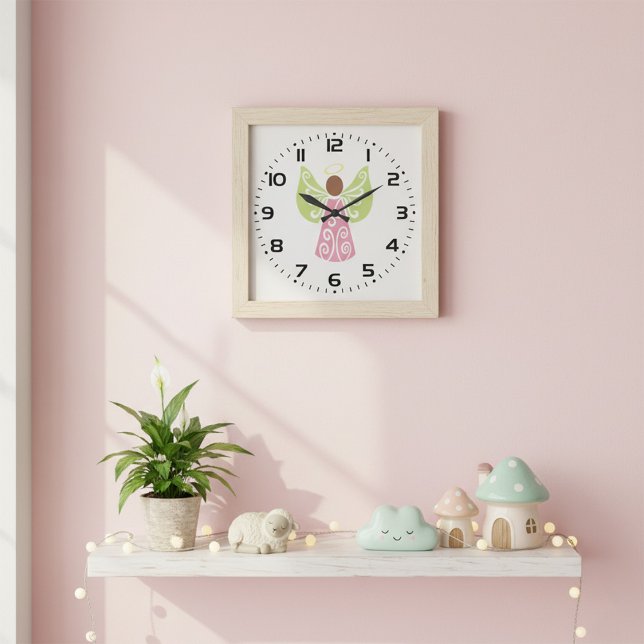 Pink Angel Green Swirl Wings Spiritual Decorative  Large Clock (Creator Uploaded)