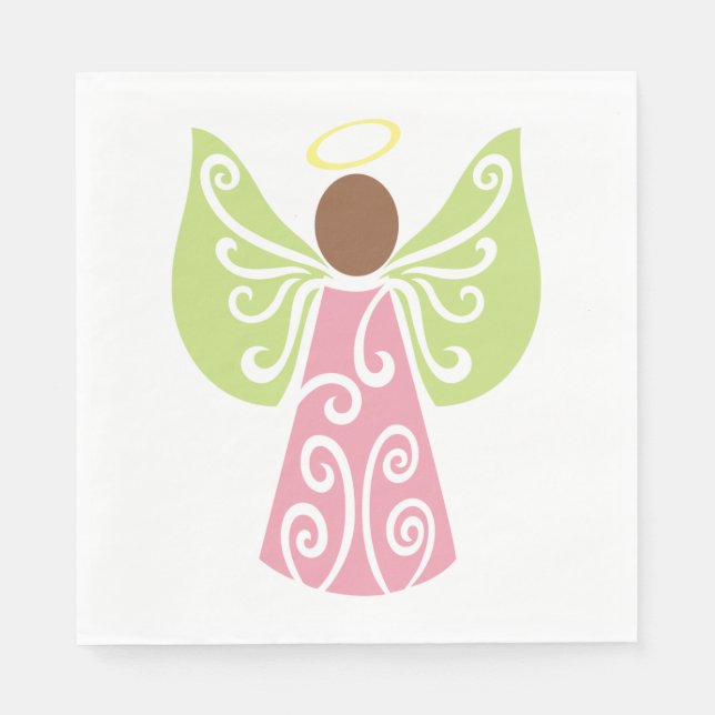 Pink Angel Green Swirl Wings Spiritual Decorative  Napkin (Front)